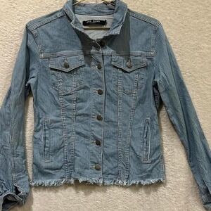 blue and white striped jacket with distressed bottom hem Max Jeans size small